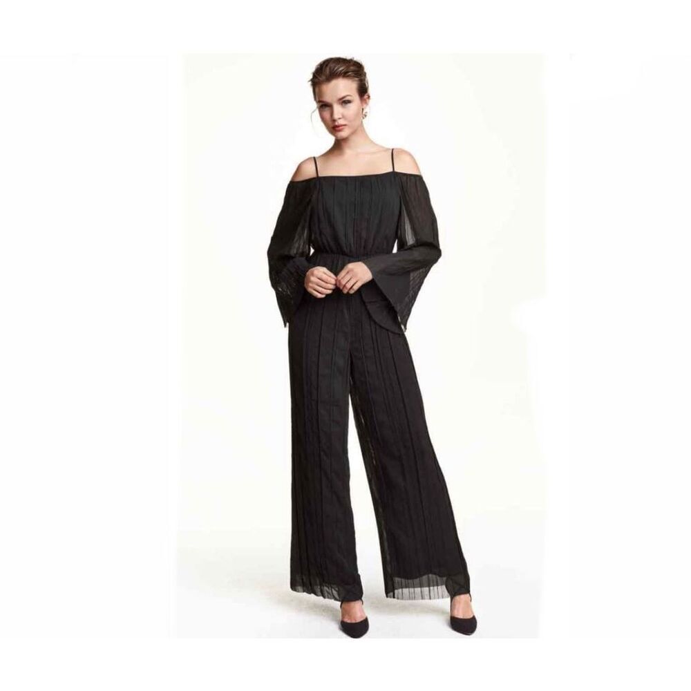 H&M Black Peasant Style Wide Straight Leg Jumpsuit Strappy Back 4